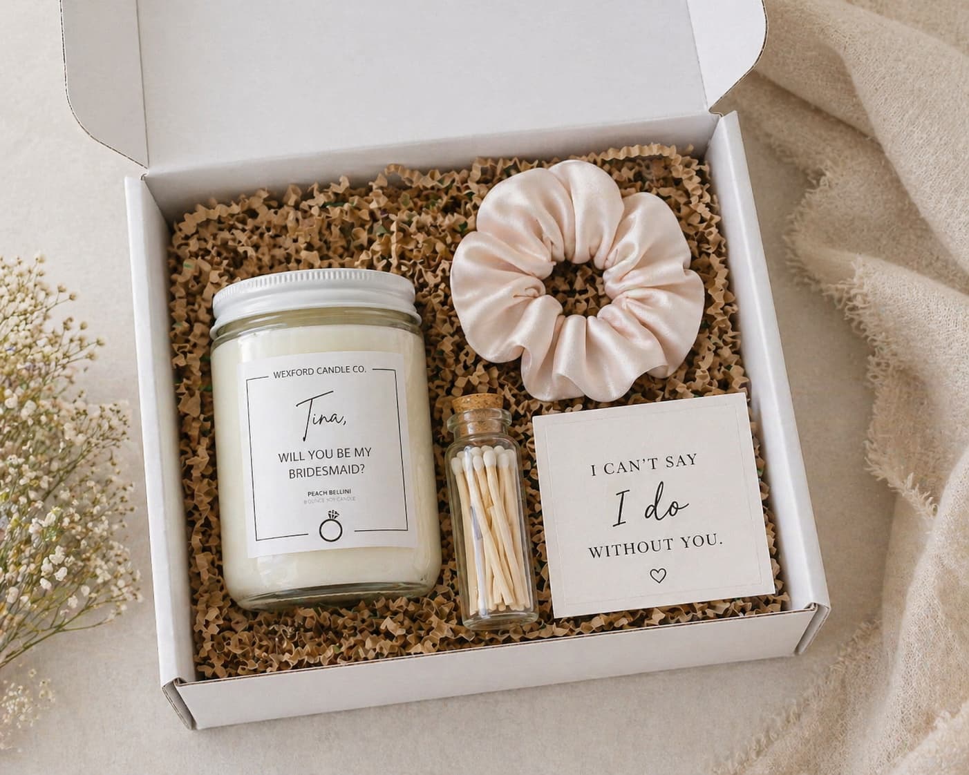 bridesmaid proposal candle gift box with personalized soy candle, scrunchie and matches