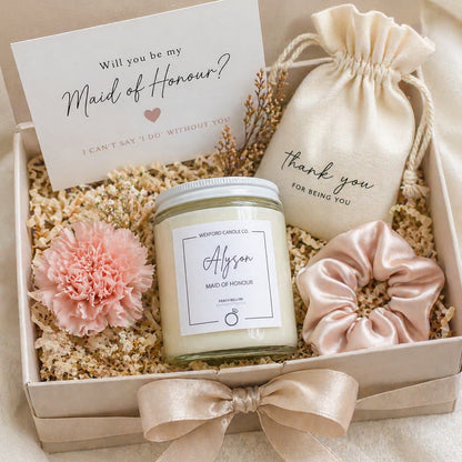 Personalized bridesmaid proposal candle in a gift box with scrunchie and card