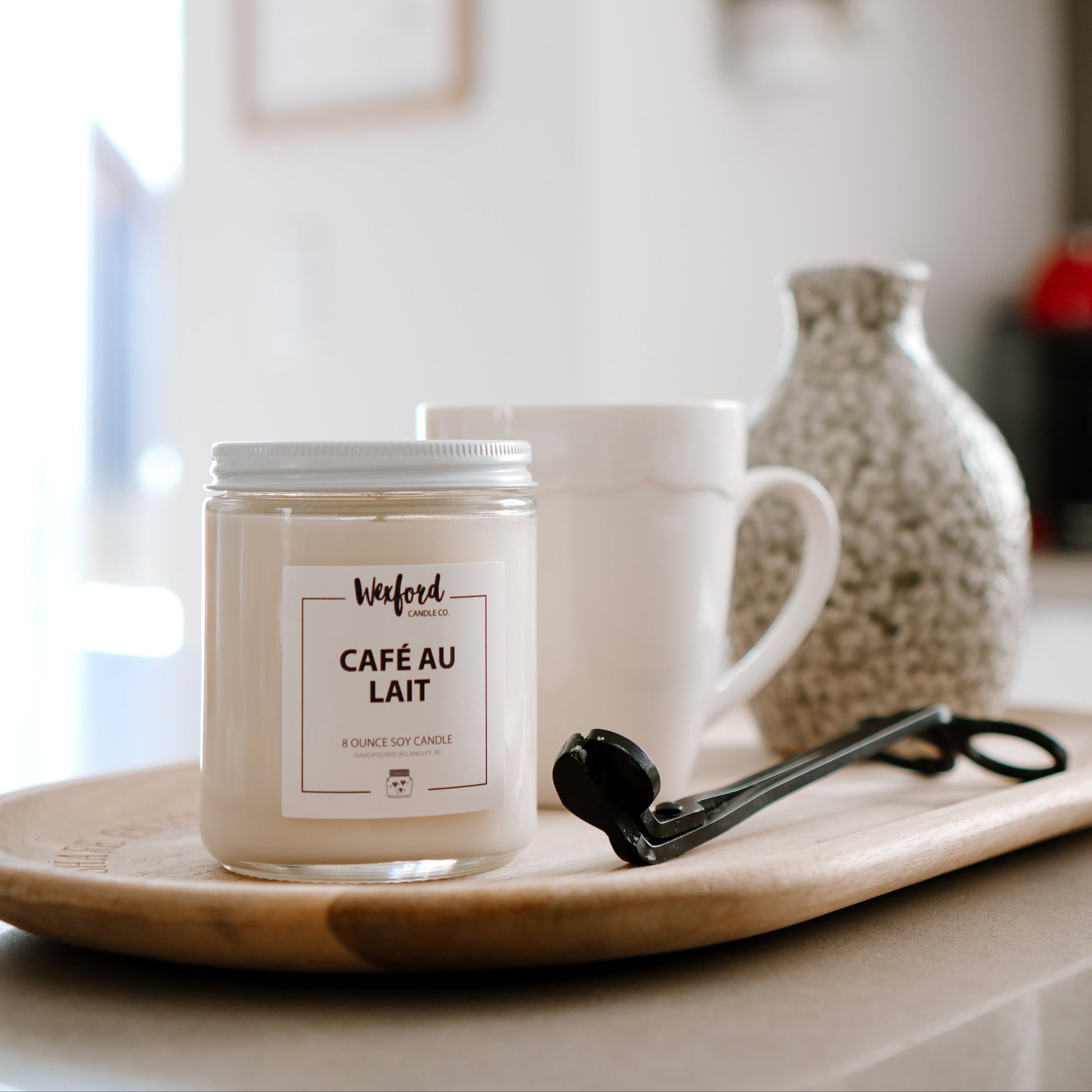 Cafe au Lait soy candle in a home setting